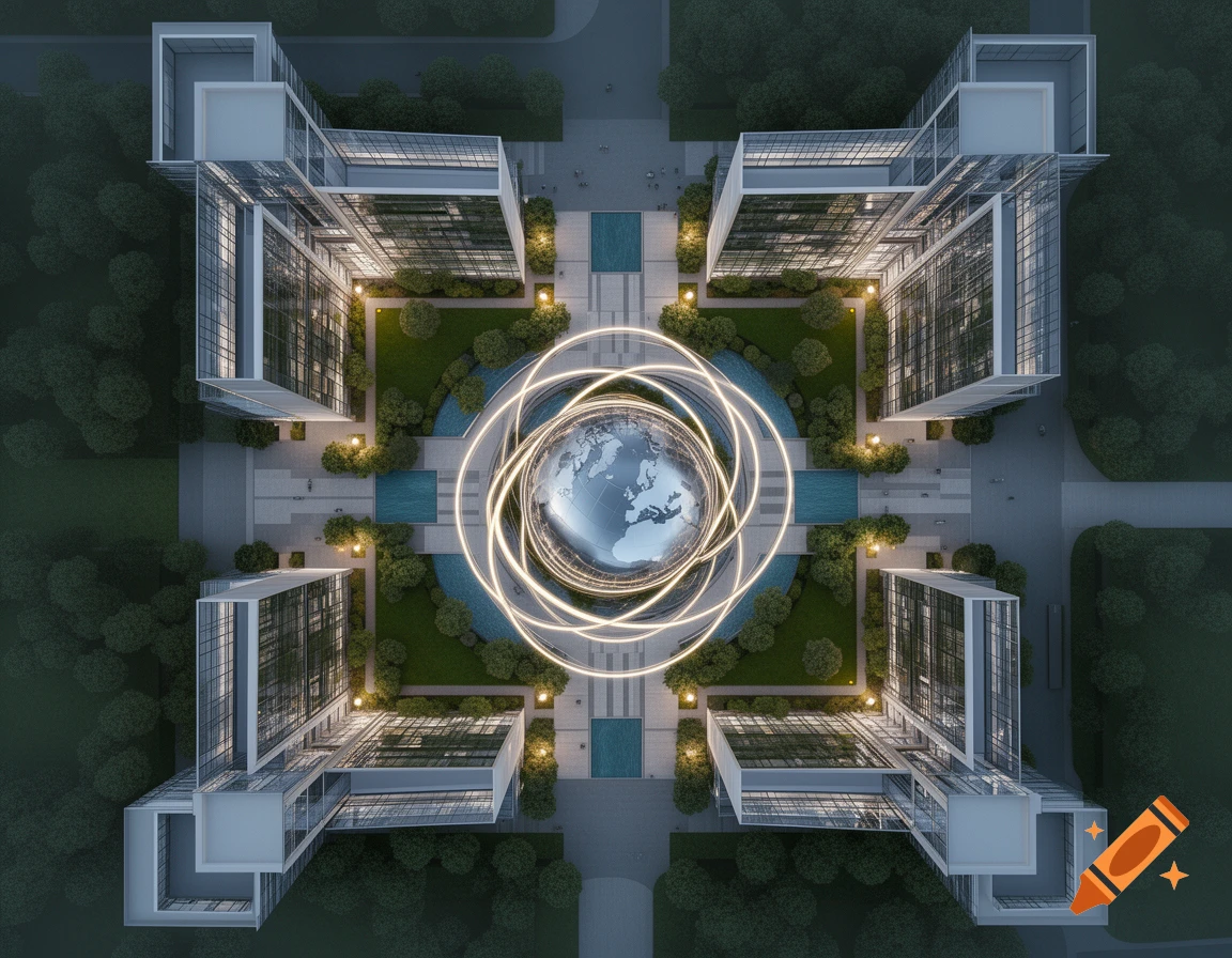 Top-down view of four modern buildings surrounding a landscaped courtyard with a glowing stylized globe at its center.