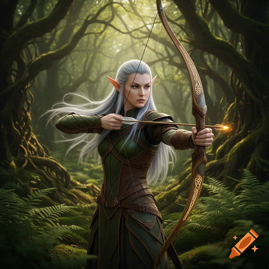 An elegant elf archer with silver hair aims a bow in a lush, enchanted forest. Digital art.