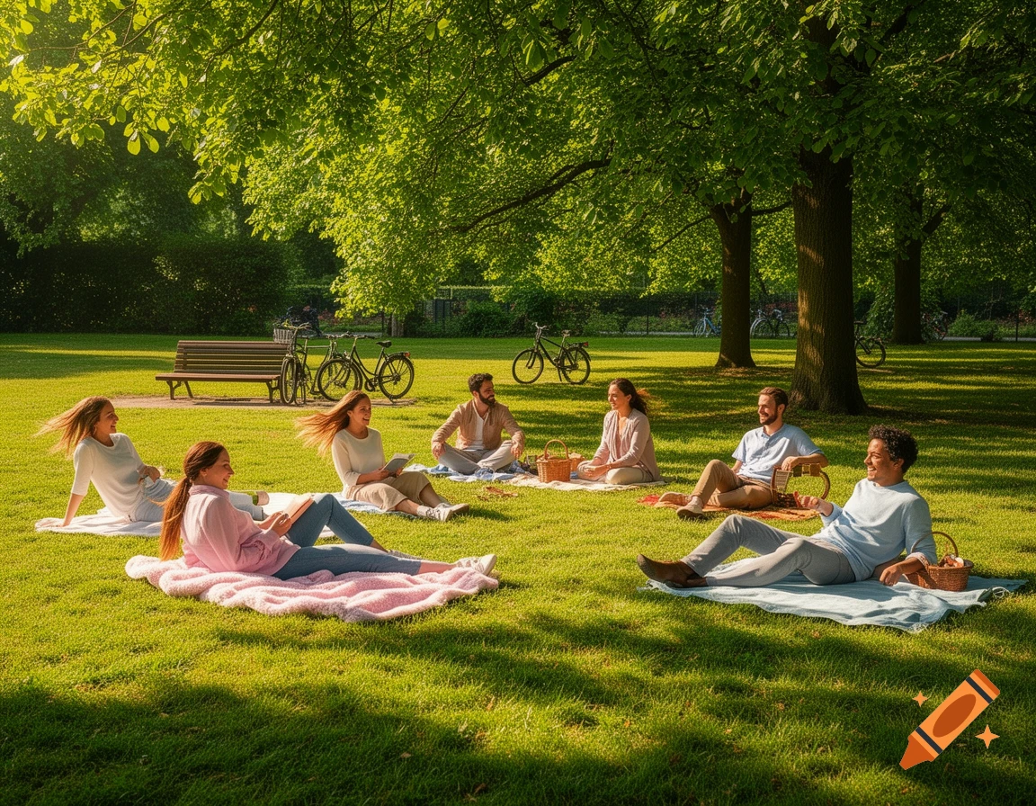 A group of friends enjoys a sunny picnic in a lush green park, sitting on blankets under large trees.