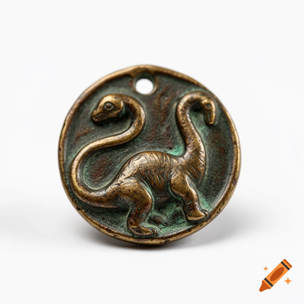A primitive, round bronze amulet with green patina, depicting a sauropod dinosaur with a coiled neck and tail.