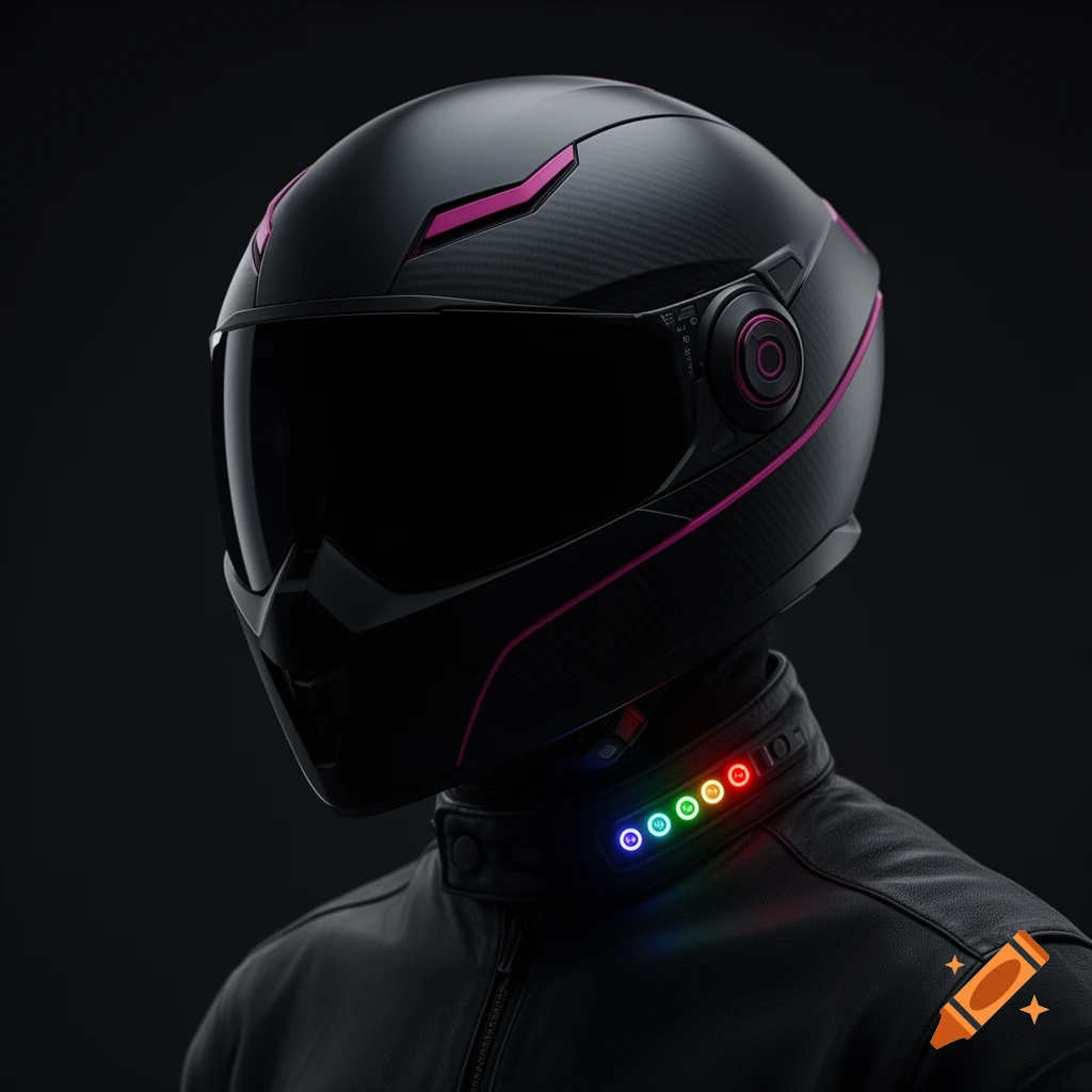 Close-up of a person wearing a sleek matte black full-face helmet with magenta accents and glowing RGB lights on the collar in a futuristic product design style.