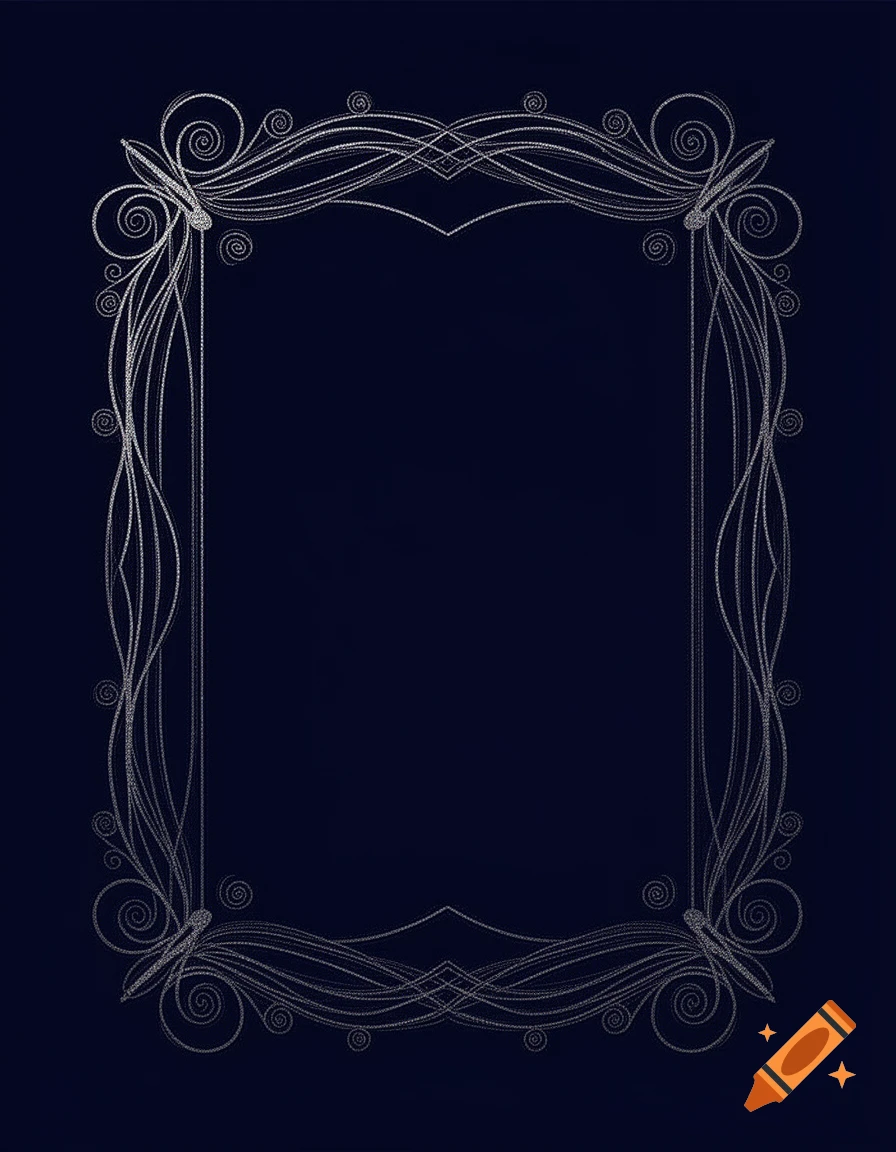 An ornate silver line art frame with scrollwork on a dark blue background.