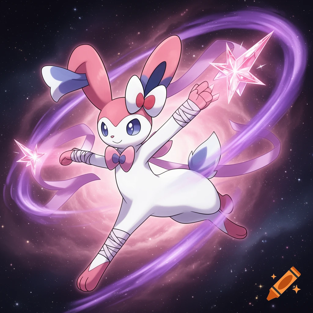 A pink and white Sylveon Pokémon with martial arts wraps and star ribbons floats in a glowing purple nebula.