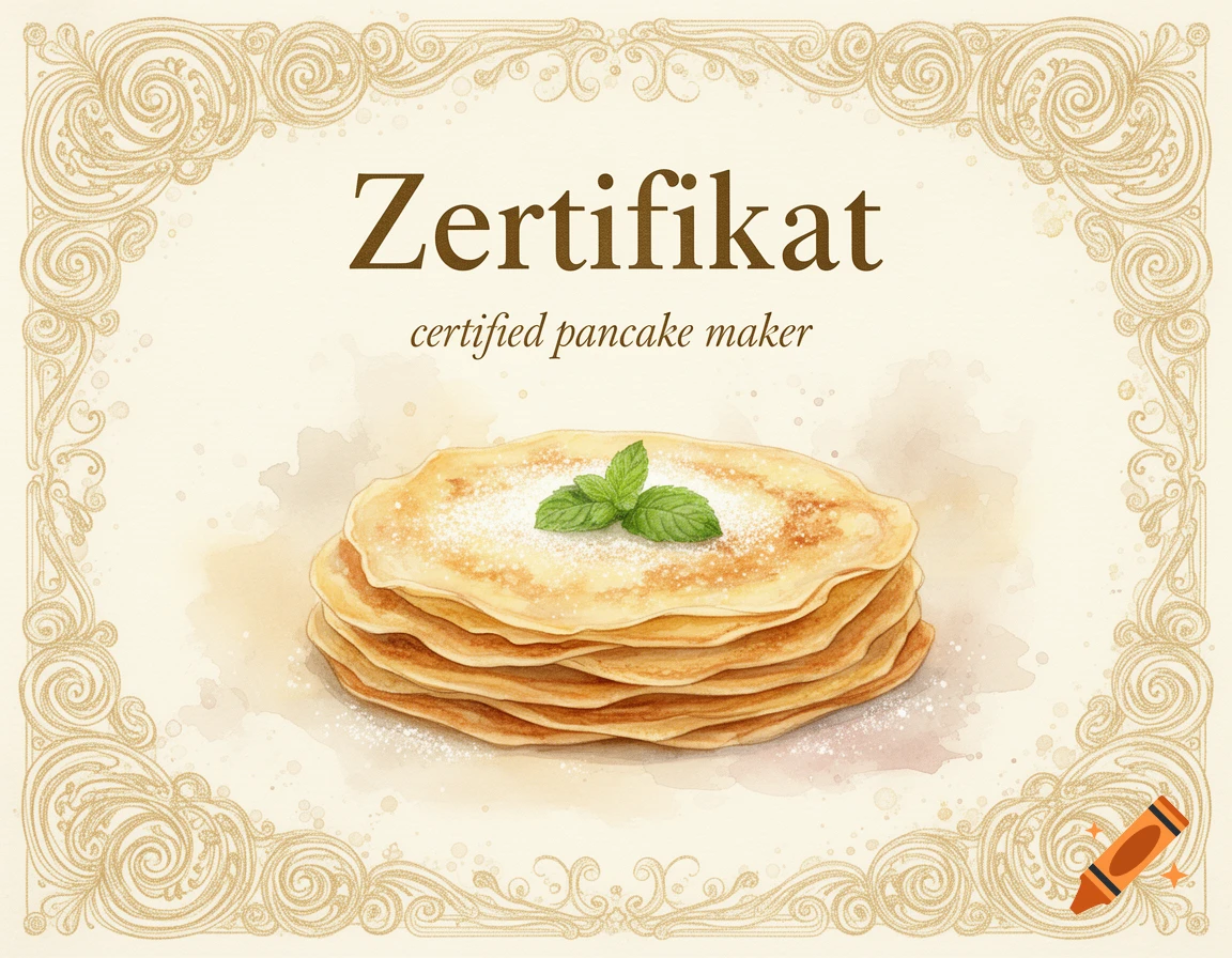 A watercolor certificate for a 'certified pancake maker' with a stack of pancakes topped with powdered sugar and mint, framed by an ornate golden border.