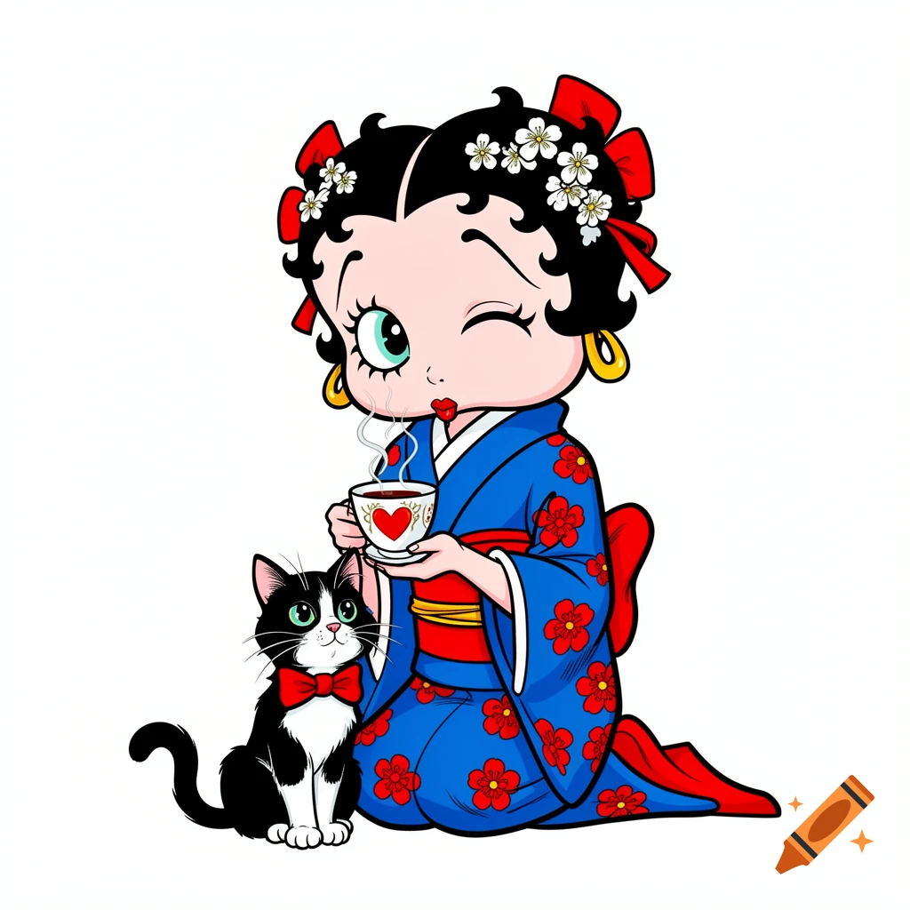 Comic Betty Boop in a blue kimono, holding a steaming heart cup, winks next to a black and white cat with a red bow tie on a white background.