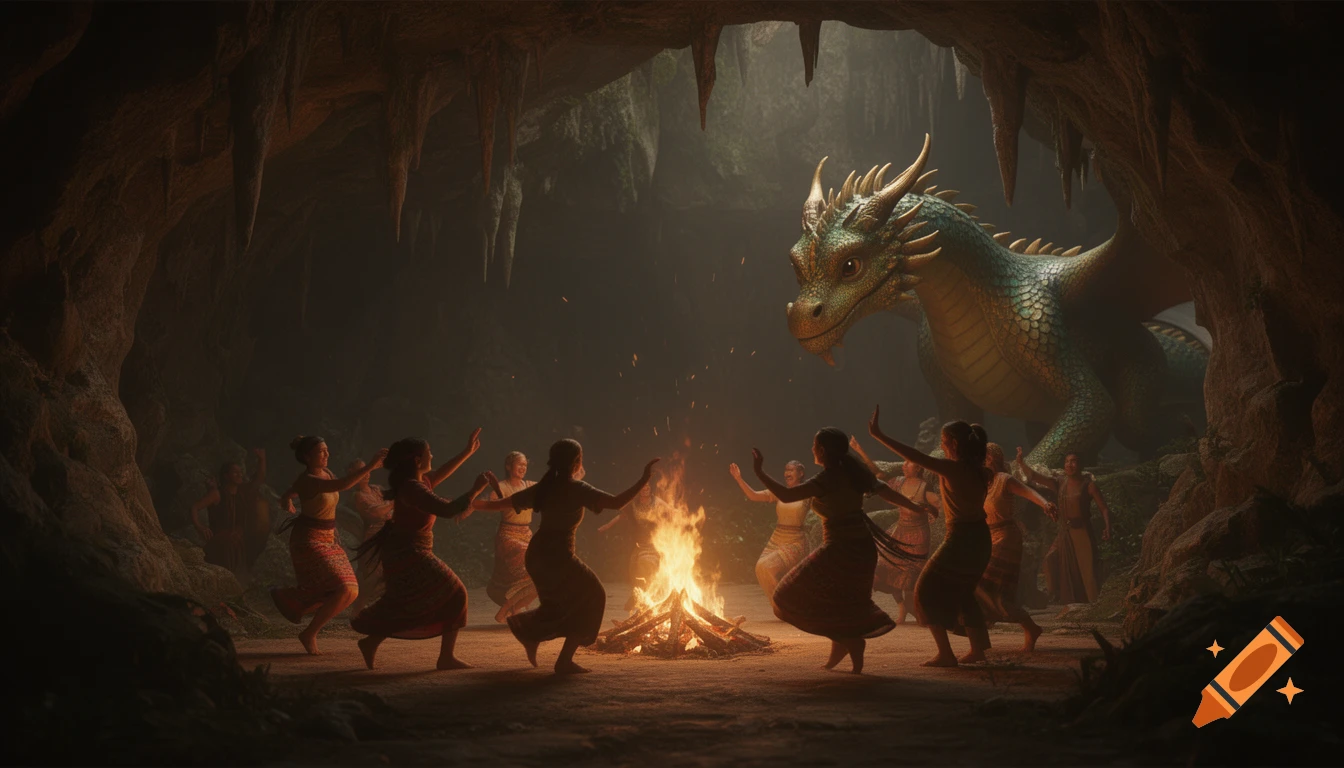 People dance around a bonfire inside a large, dark cave, observed by a friendly green dragon.