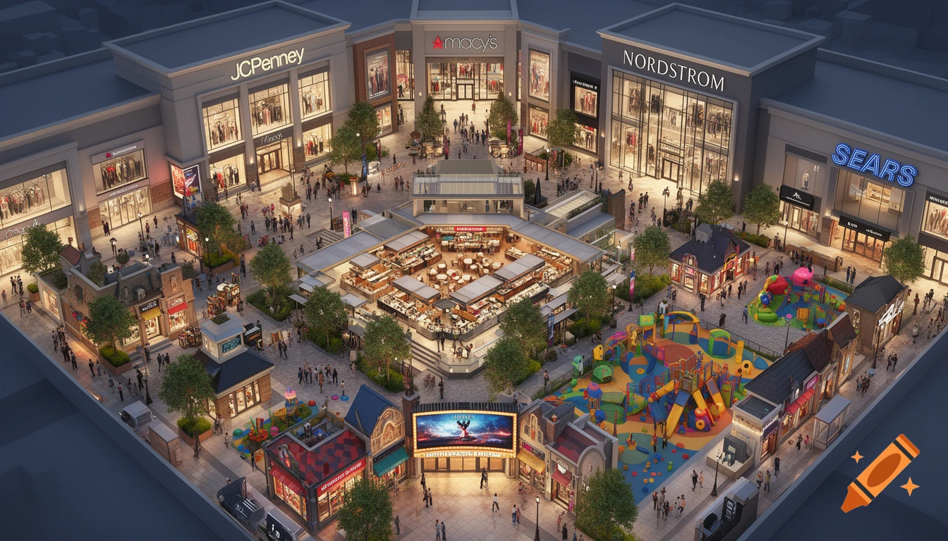 An aerial view of a sprawling outdoor shopping mall with anchor stores like JCPenney, Macy's, Nordstrom, and Sears, surrounding a food court, a movie theater, and a colorful play area filled with people.