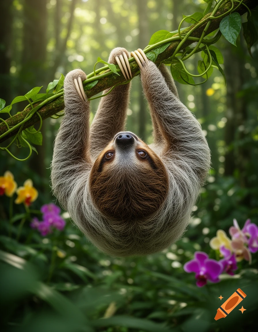 A photorealistic close-up of a brown and white sloth hanging upside down from a vine in a lush green jungle with colorful orchids.