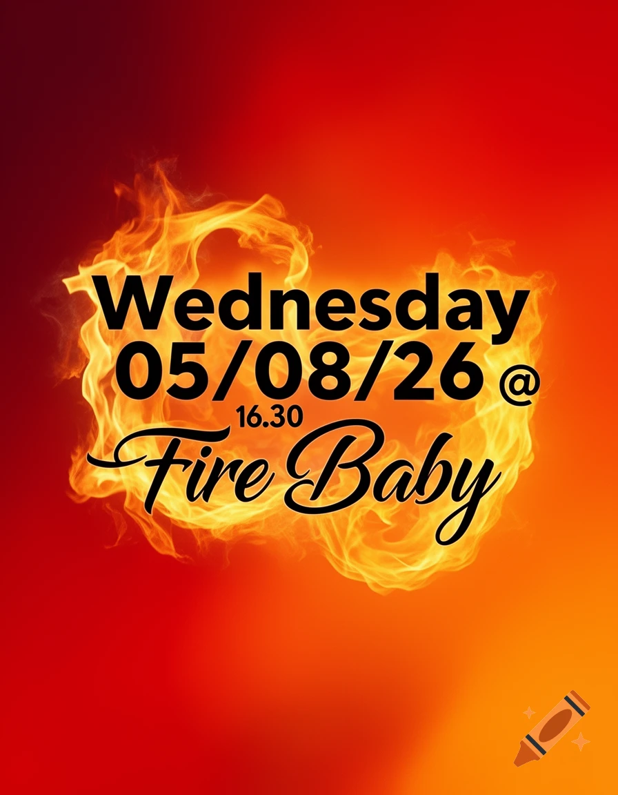 A vibrant red and orange poster features black text "Wednesday 05/08/26 @ 16.30 Fire Baby" surrounded by golden flames.