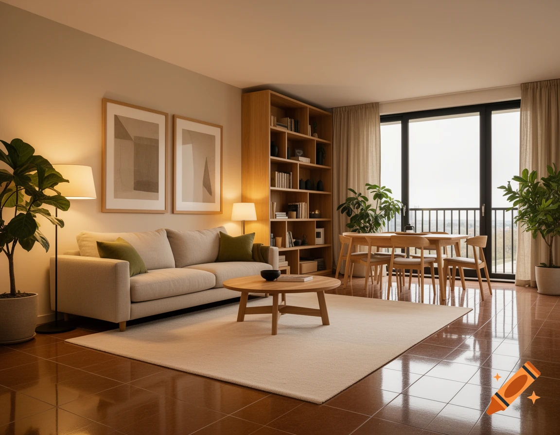 A bright, photorealistic Japandi-Scandi living room with a beige sofa, wooden coffee table, large rug, bookcase, plants, and a window balcony.
