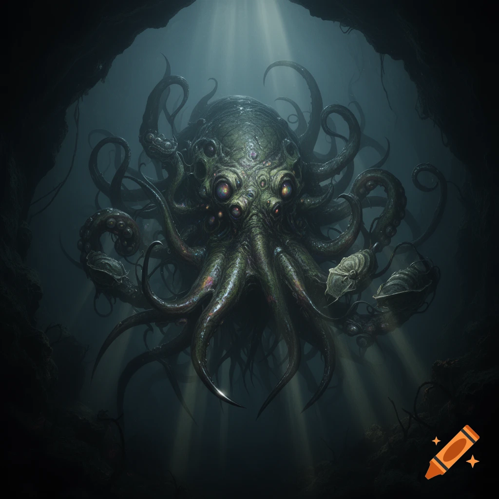 A terrifying, multi-eyed Lovecraftian octopus monster lurks in dark ocean depths, lit by rays of light, fantasy art.