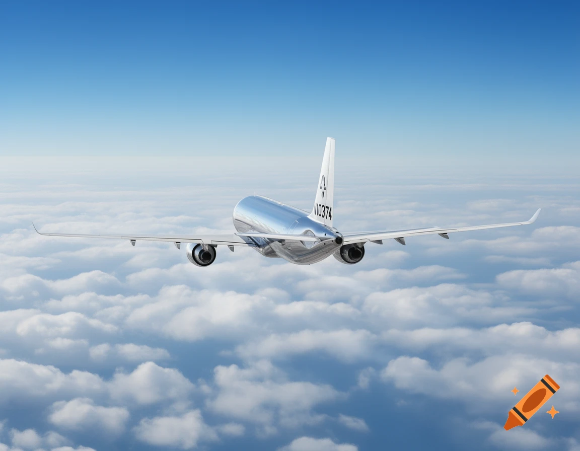 A silver airplane with tail number N10374 flies above white clouds under a clear blue sky, viewed from behind.