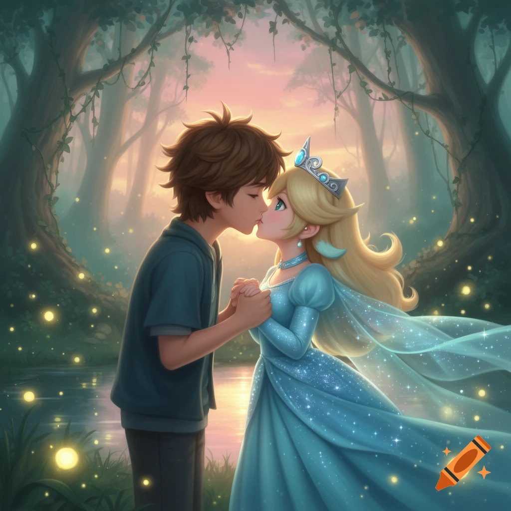 Anime illustration of a teen boy and Princess Rosalina kissing and holding hands in a magical forest at twilight with fireflies.