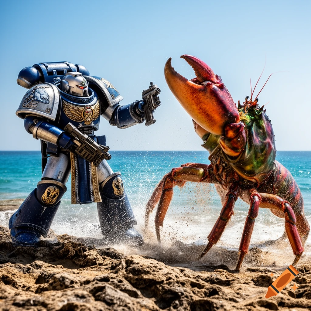 A Warhammer Space Marine in blue and silver power armor stands on a sandy beach, confronting a giant, colorful crab by the ocean.