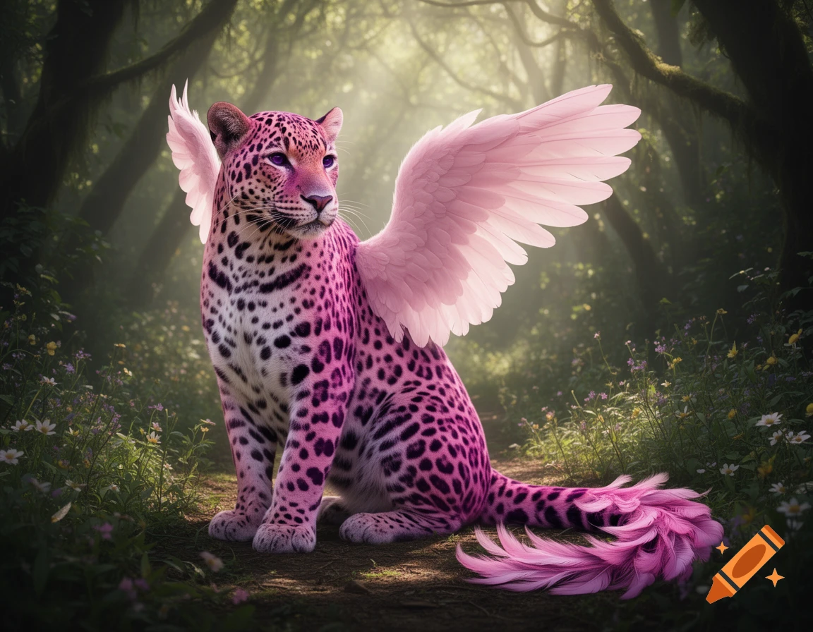 A pink leopard with black spots, pink feathered wings, and a feathered tail sits in a mystical, sunlit fantasy forest with purple eyes.
