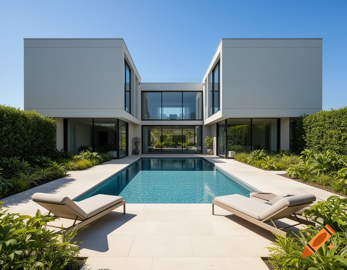 A modern U-shaped house with large windows, a swimming pool, and landscaped gardens under a clear blue sky.