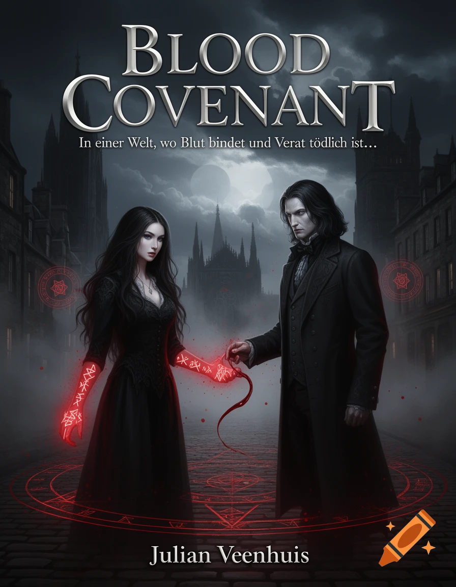 A dark fantasy book cover with a blood mage woman and a vampire lord connected by a blood stream, set in gothic Edinburgh.