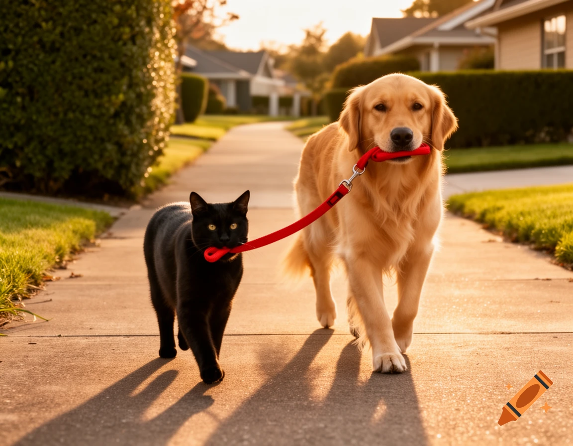A black cat walking a golden retriever on a red leash down a sunny suburban sidewalk.
