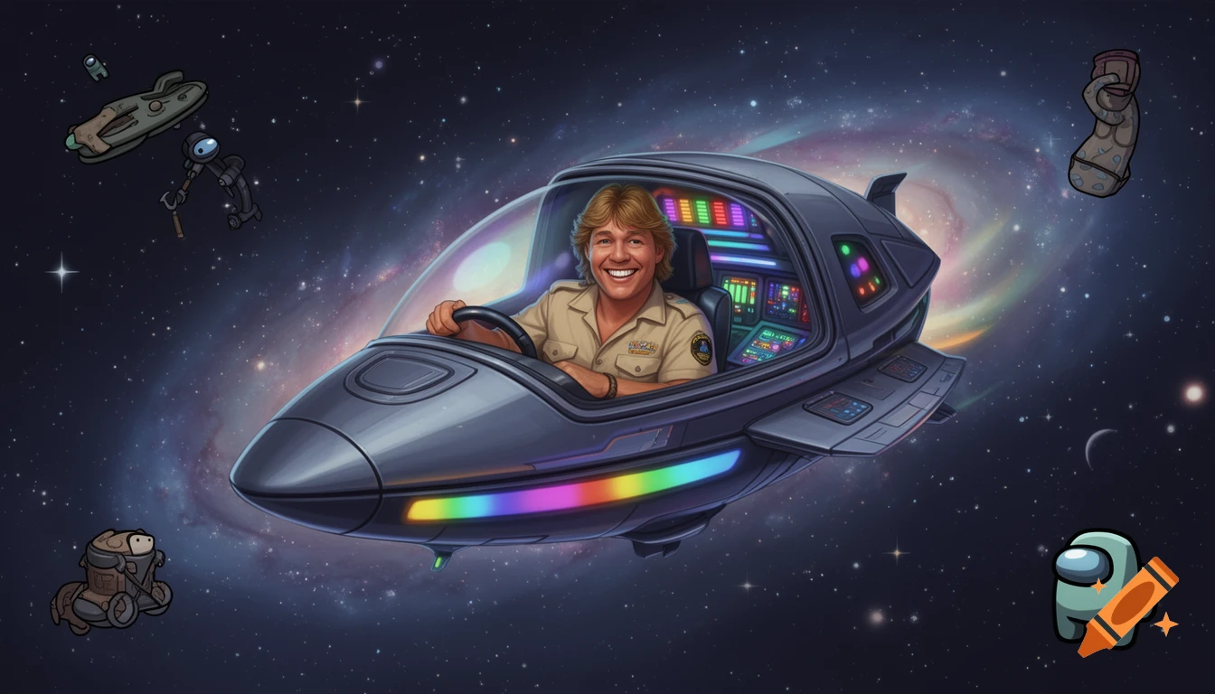 Steve Irwin smiling in the cockpit of a cartoon spaceship, flying through a starry galaxy with Among Us characters floating around.