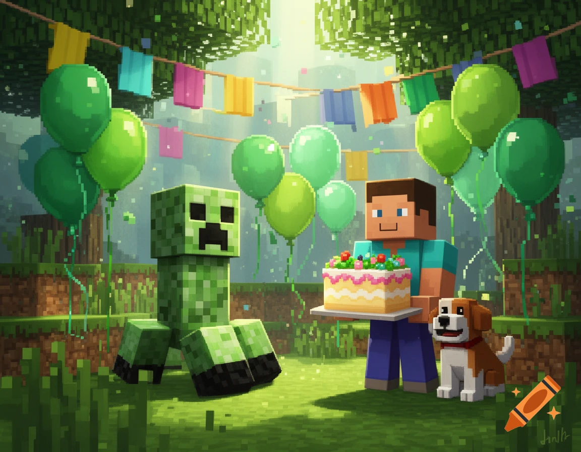 Minecraft Steve and a dog offer a birthday cake to a Creeper in a pixelated forest clearing with balloons and banners.