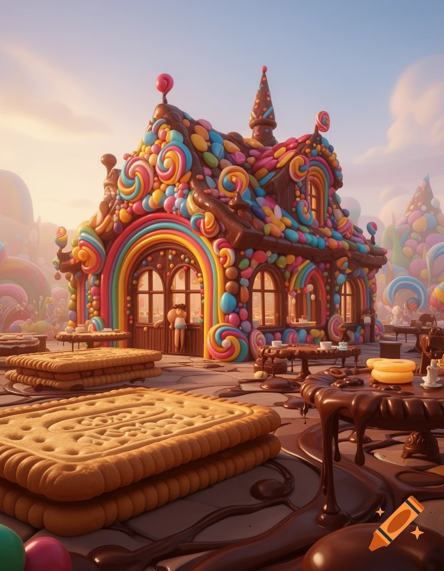 A colorful, cartoon-style candy and chocolate restaurant with biscuit tables and a rainbow-decorated house, set in a whimsical land of sweets.