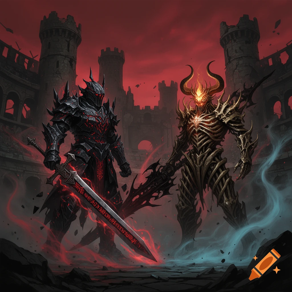 Two colossal dark fantasy bosses, a black knight and a horned demon, stand in a ruined arena under a blood-red sky in a highly detailed, cinematic style.