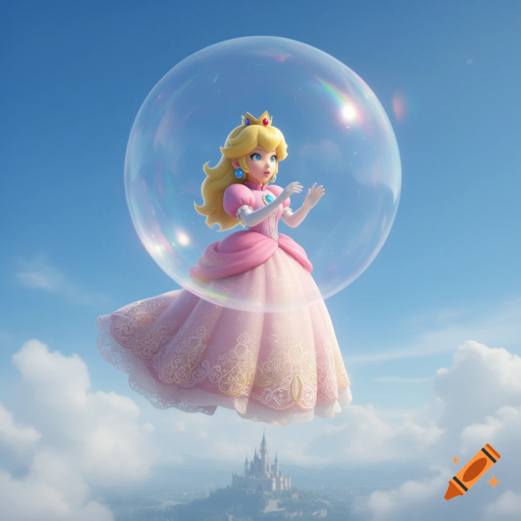 Princess Peach floats inside a large clear bubble in a blue sky above a fantasy castle, in a stylized 3D render.