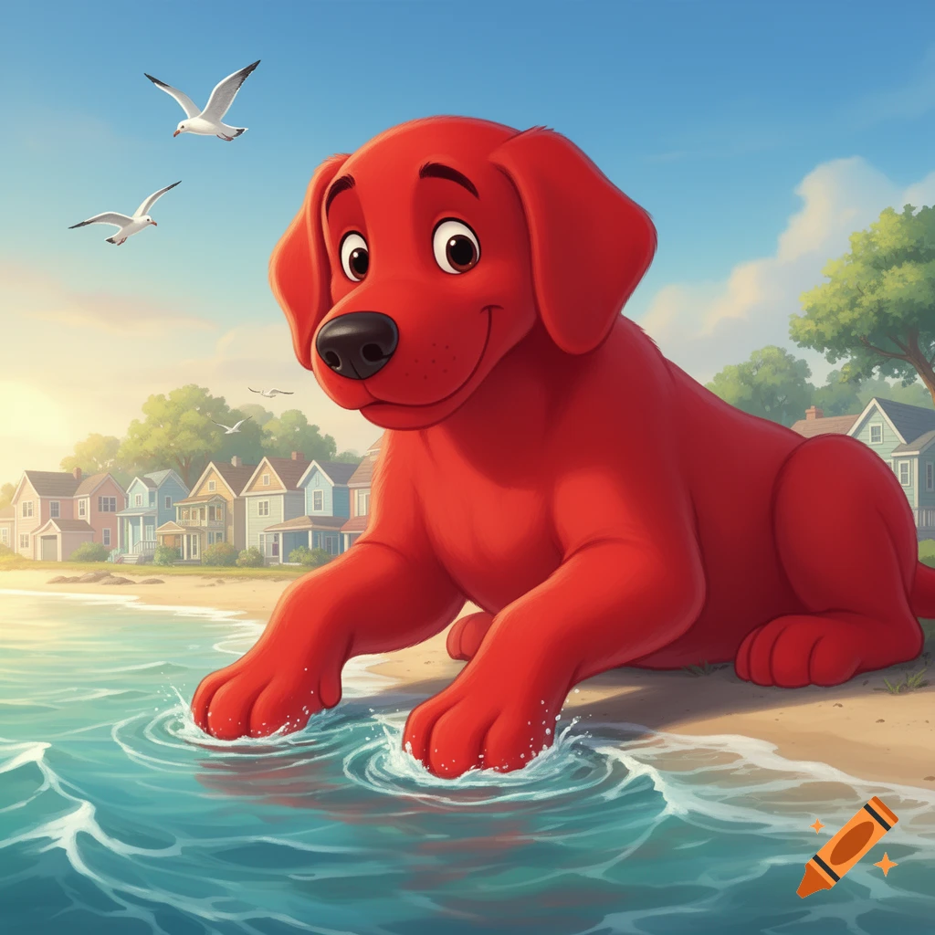 A large red cartoon dog, Clifford, sits on a sandy beach, dipping its paws into the clear blue water. Houses line the distant shore under a bright sky with seagulls flying.