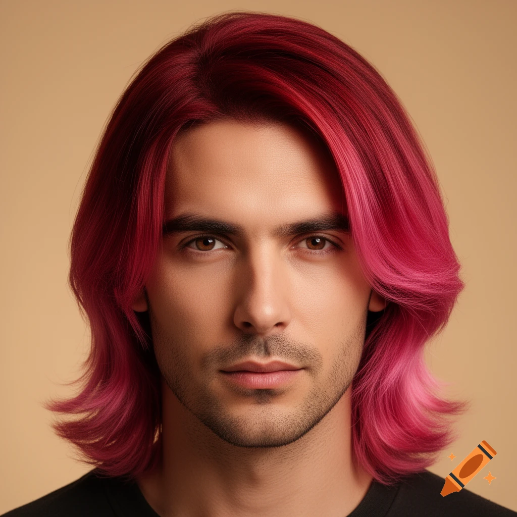 Close-up portrait of a man with shoulder-length ombre red to pink hair and light stubble against a beige background.