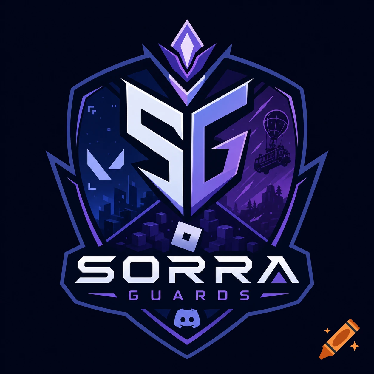 Purple and blue esports logo for Sorra Guards, featuring 'SG' initials, text, a Discord icon, and gaming elements from Valorant and Fortnite.