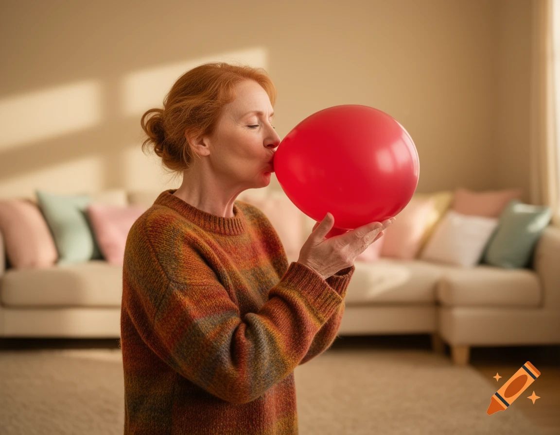 An older woman with red hair inflates a red balloon in a brightly lit living room.