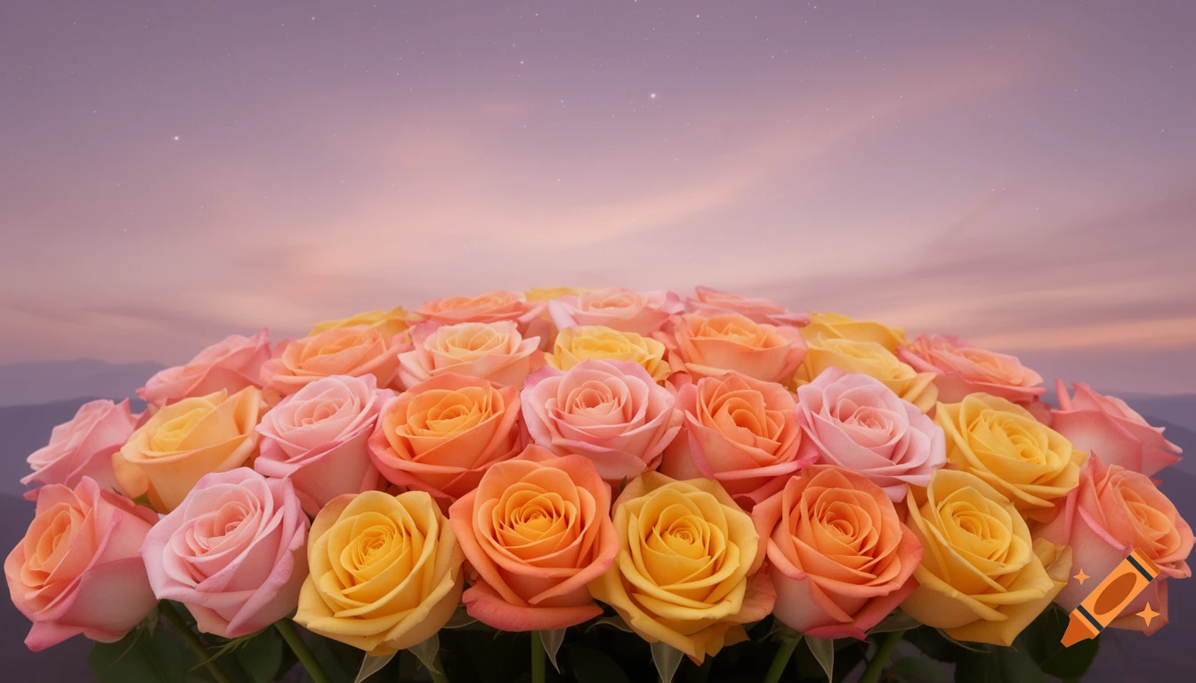 A dense bouquet of pastel pink, peach, and yellow roses against a serene twilight sky with faint stars.