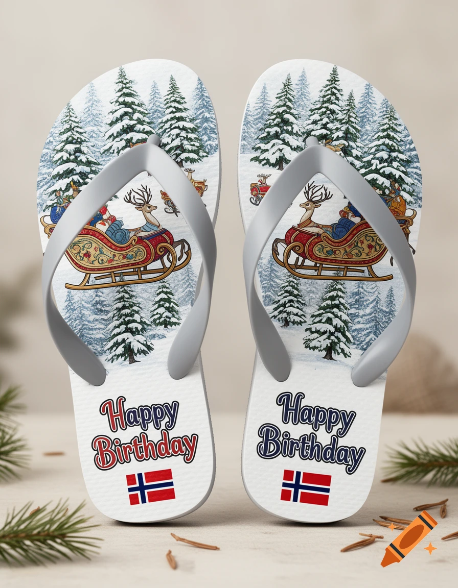 A pair of white flip-flops with gray straps. The soles feature a winter scene with snow-covered pine trees, deer, and Santa's sleigh. Below the scene, the text "Happy Birthday" is visible with the Norwegian flag.