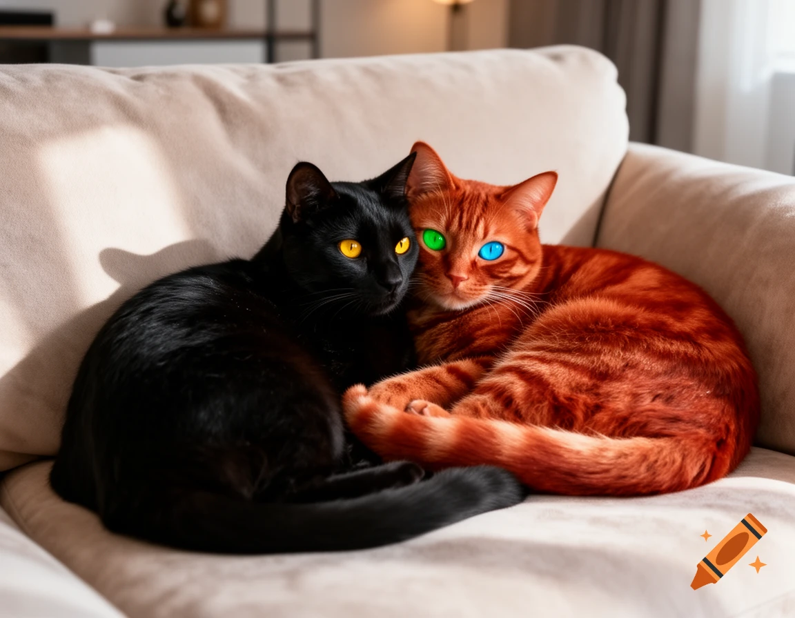 A photorealistic image of a black cat with yellow eyes and an orange tabby cat with one green and one blue eye cuddling on a beige couch.