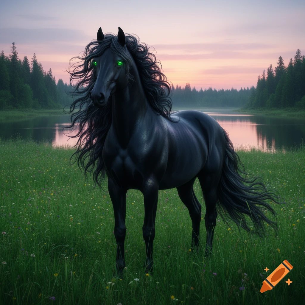 A black horse with a flowing mane and glowing green eyes stands in a lush green field by a tranquil lake at sunset.