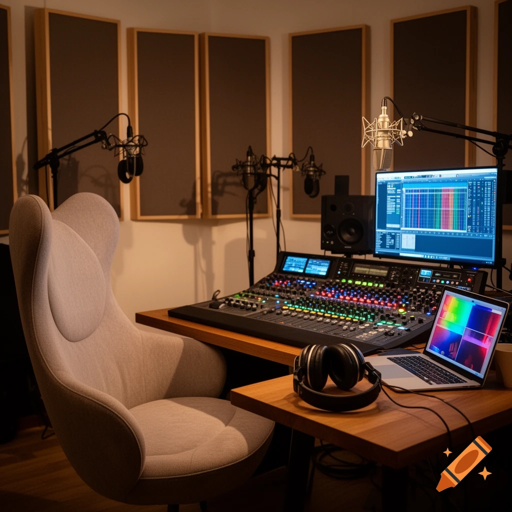 A modern recording studio setup featuring a large audio mixer, multiple microphones, computer screens displaying audio software, a laptop, and headphones.