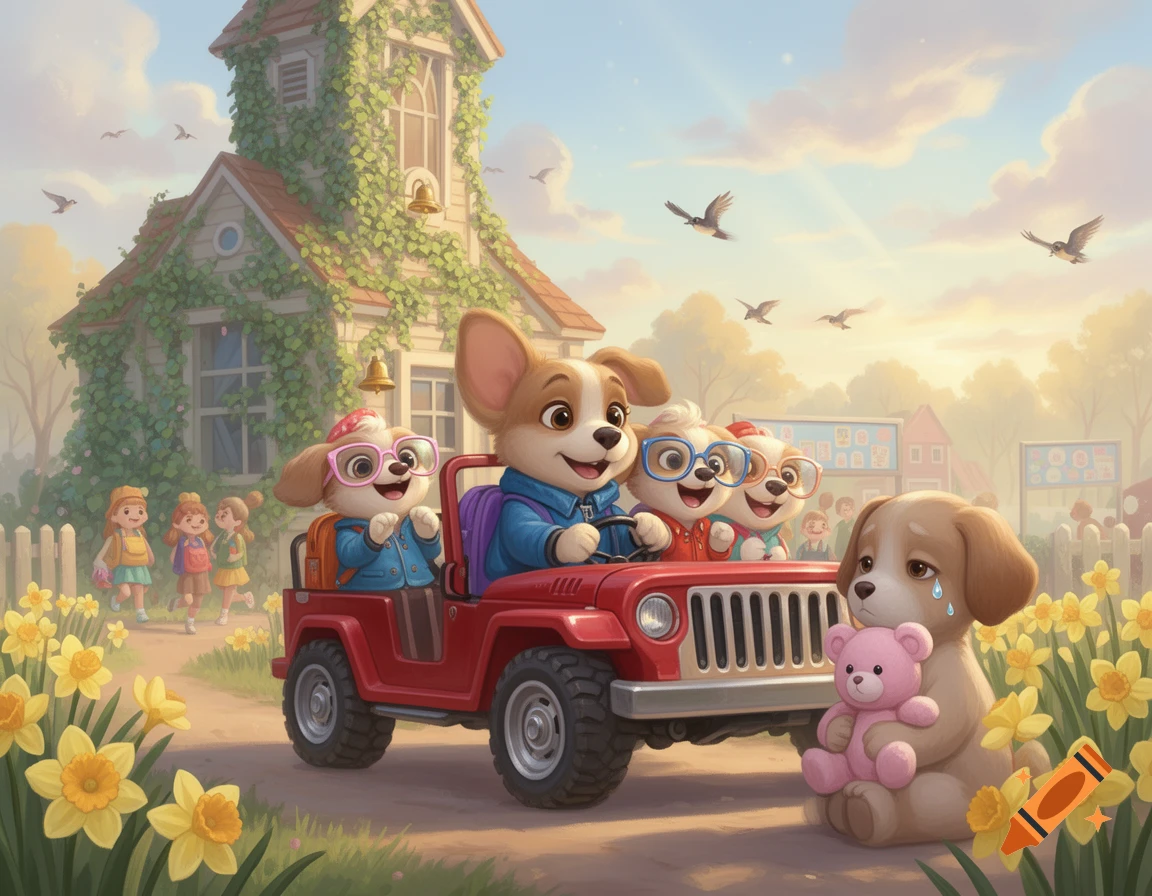 Cartoon puppies in a red jeep drive to school past a crying puppy with a teddy bear and children, with daffodils in the foreground.