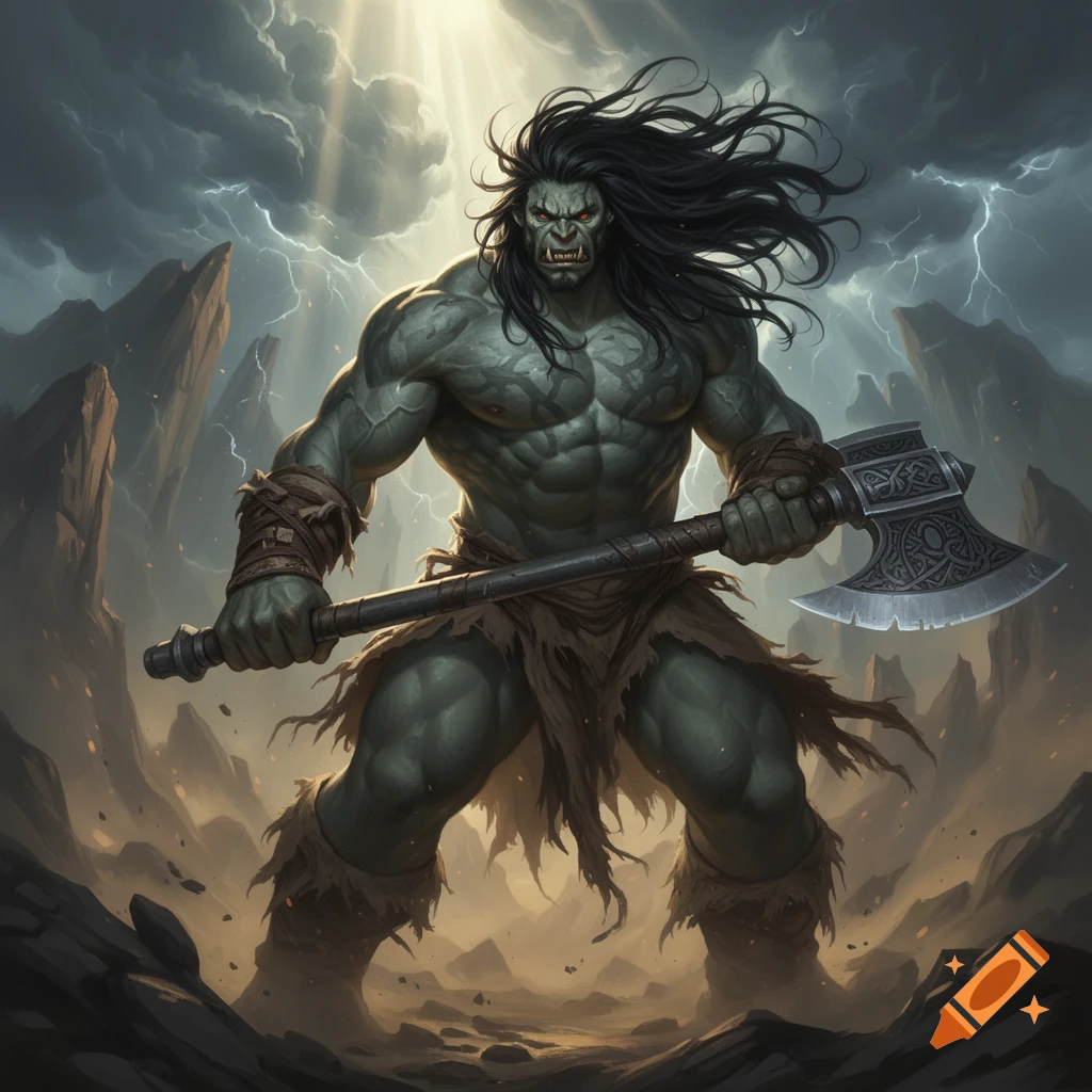 A muscular half-orc barbarian with long black hair, clad in a loincloth, wields a great axe under a stormy sky with lightning.