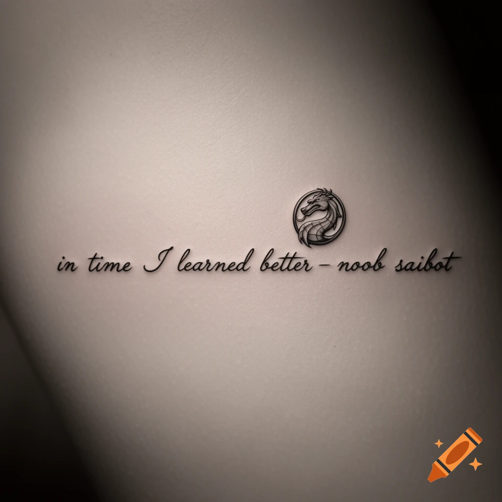 Fine line tattoo of the Mortal Kombat dragon logo and the text 'in time I learned better - noob saibot' on a subtle background.