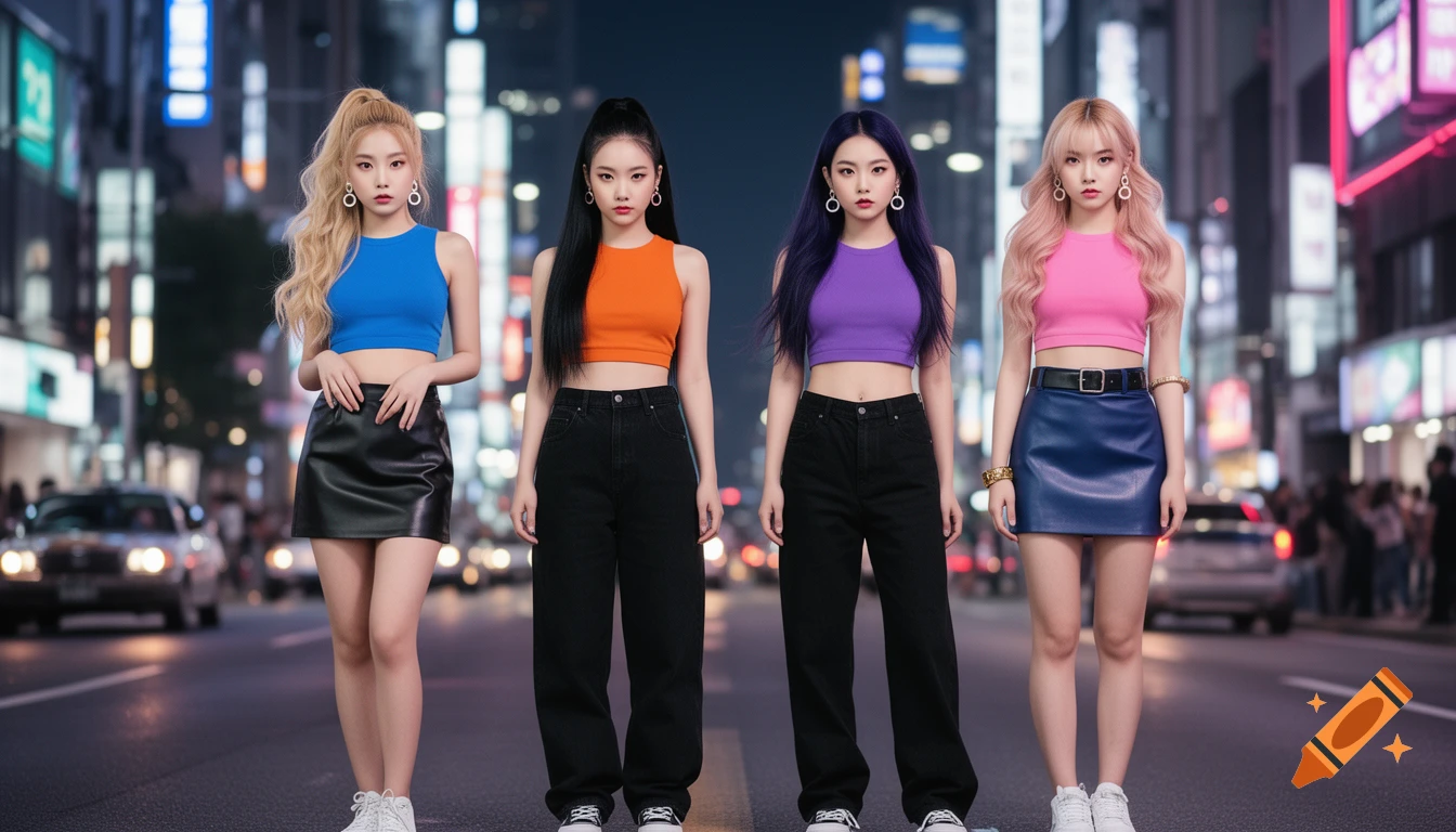 Four K-pop idol style women with colorful crop tops and varied bottoms pose on a city street at night.