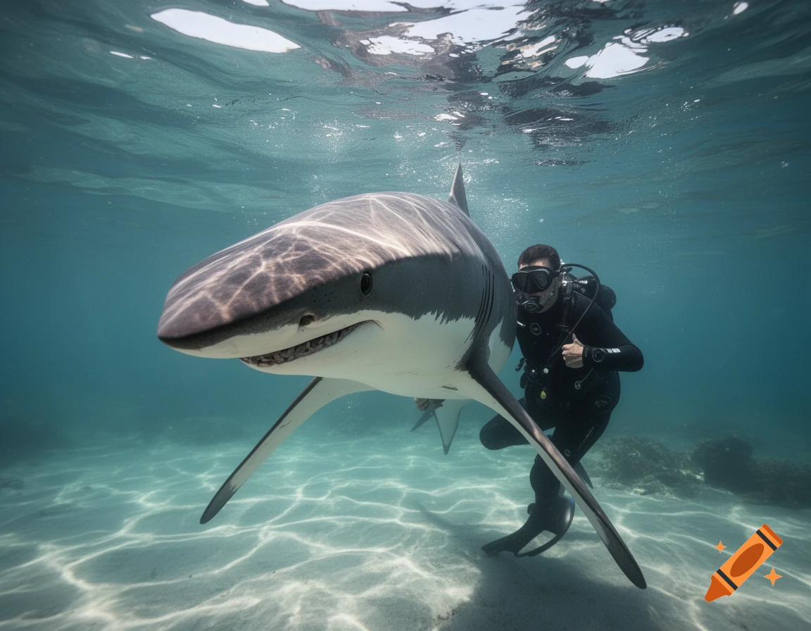 A large shark swims next to a diver in clear blue ocean water, with sunlight dappling the sandy seafloor.