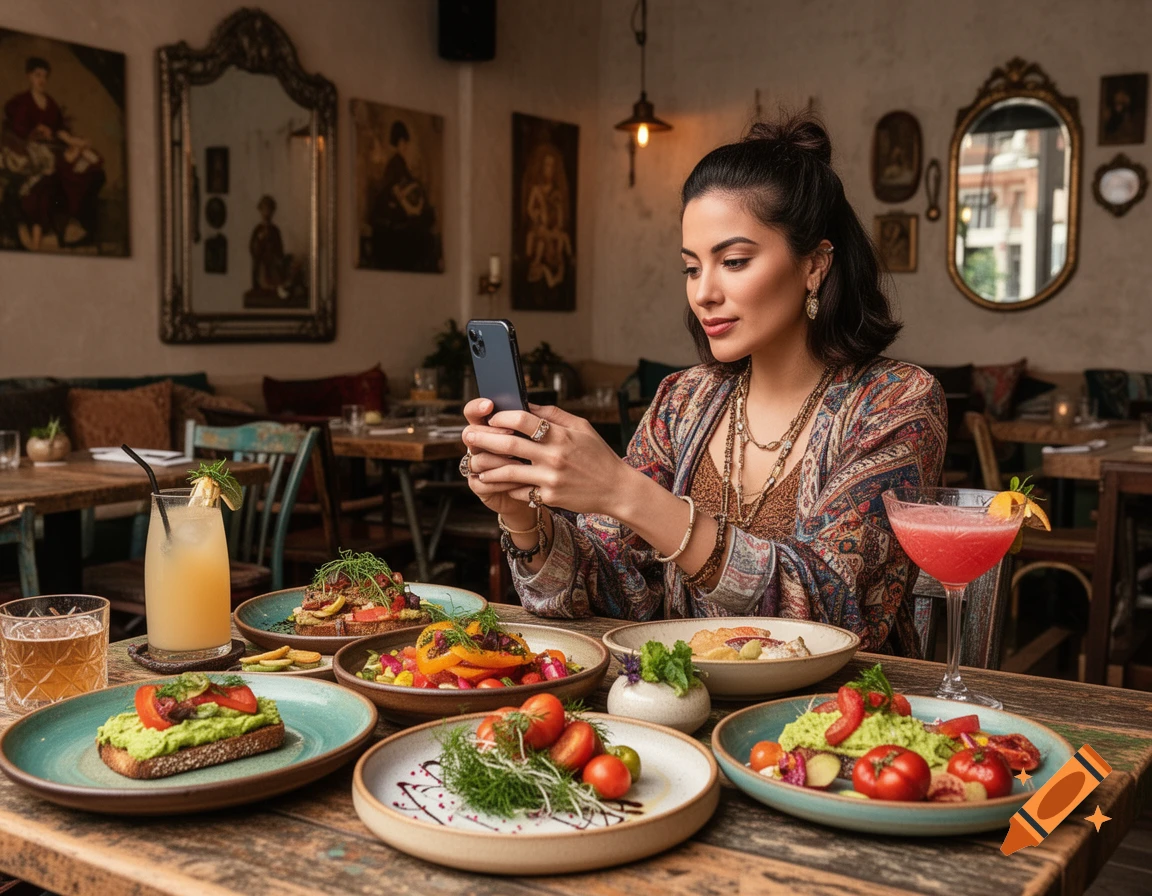A woman in a patterned blouse takes photos of plates of avocado toast and tomato salads with her phone at a rustic restaurant.