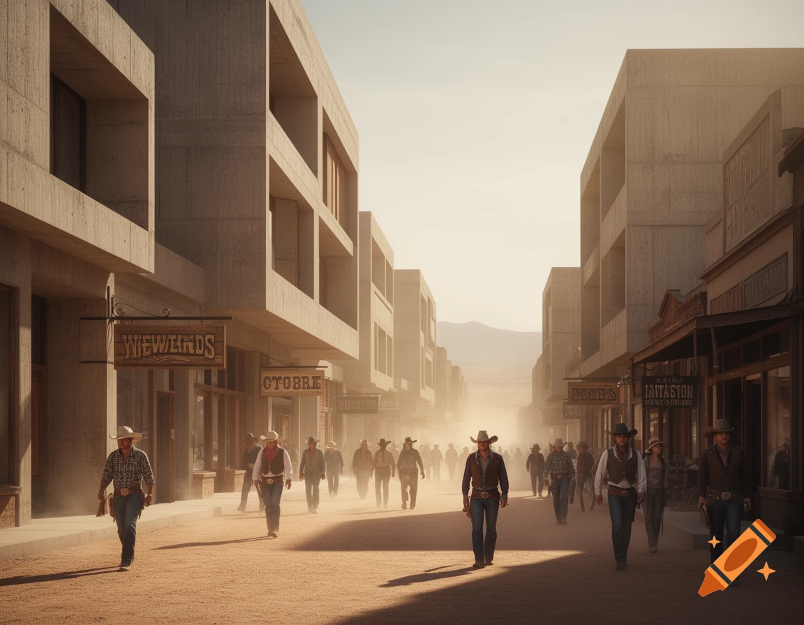 Cowboys walk down a dusty street lined with modern brutalist and traditional western buildings under a hazy sky.