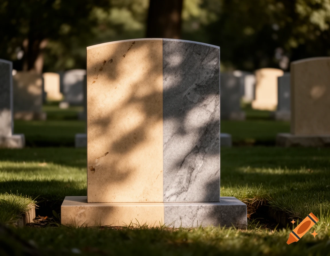 Close-up of a gravestone split into beige and gray sections, standing in a sunny, green cemetery with blurred headstones in the background.