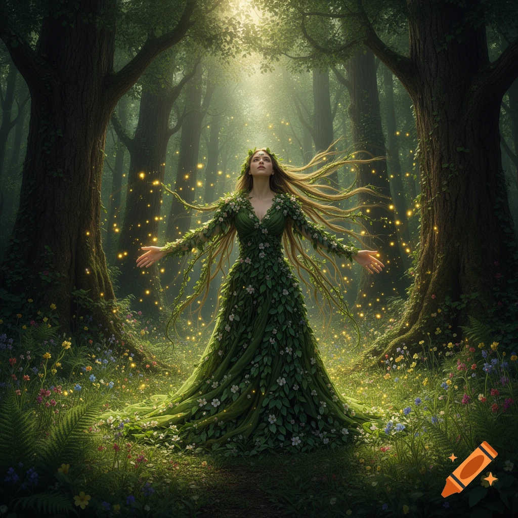 A woman in a flowing green leaf dress with long hair stands in a sunlit magical forest, arms outstretched, surrounded by glowing orbs.