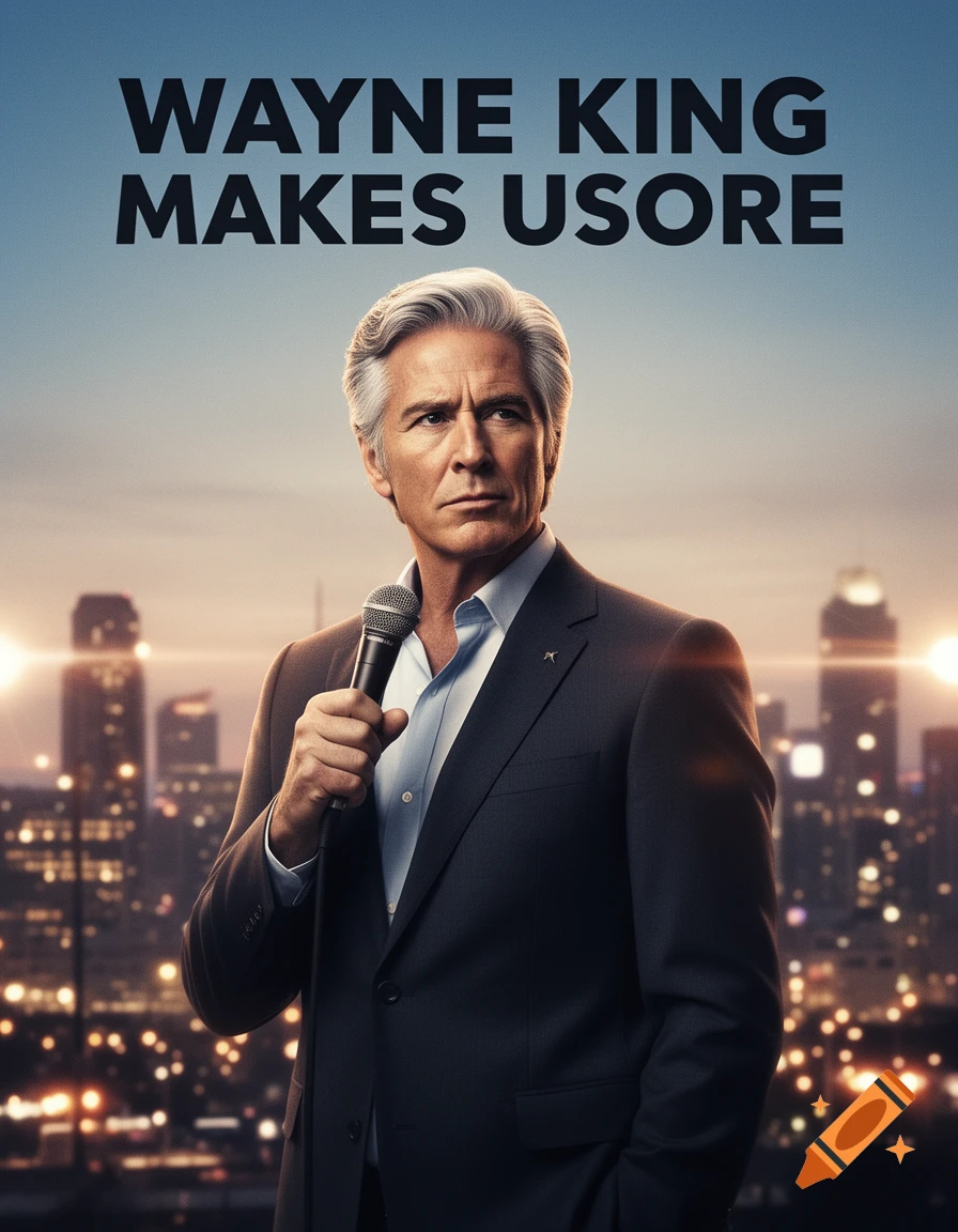 Photorealistic poster of a man with gray hair in a suit holding a microphone against a city skyline at dusk. Text reads 'WAYNE KING MAKES USORE'.
