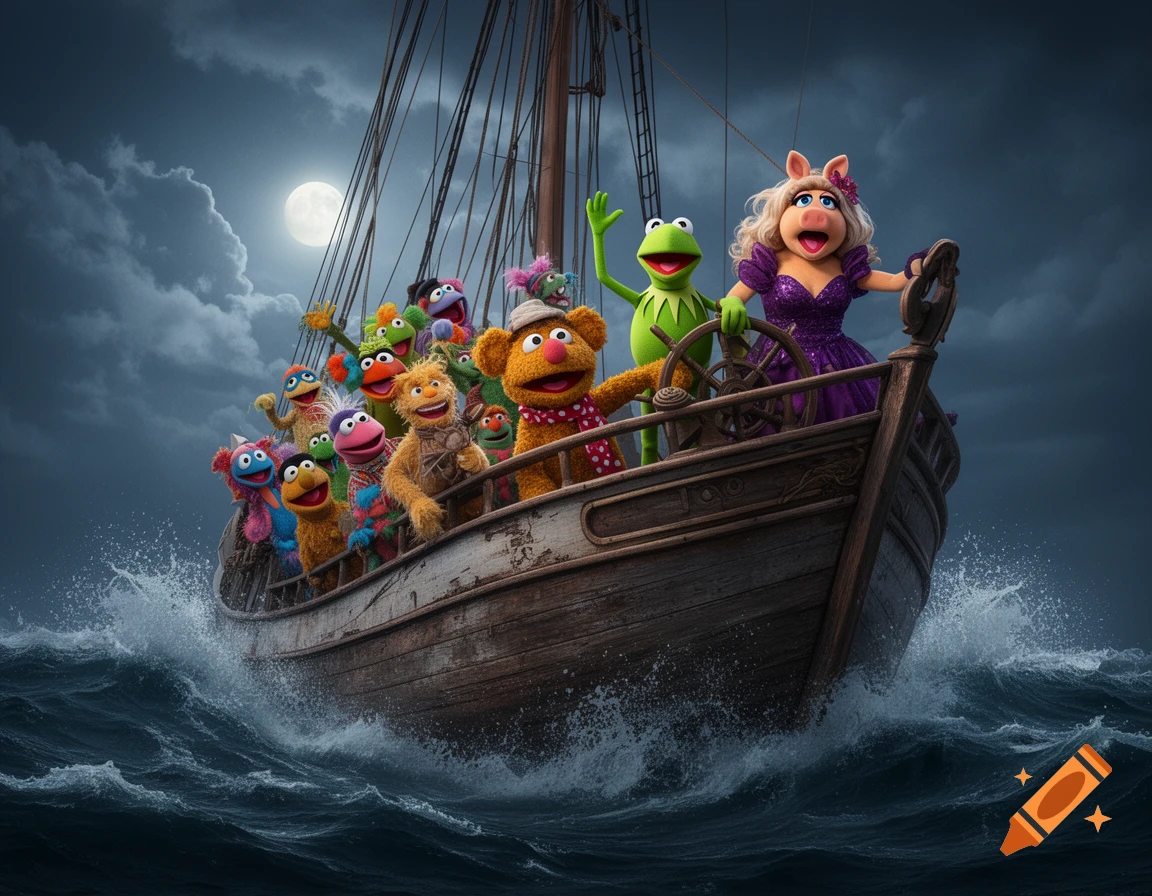 Miss Piggy, Kermit, and Fozzie Bear, along with many other Muppets, joyfully ride on a wooden ship through a stormy sea under a full moon.