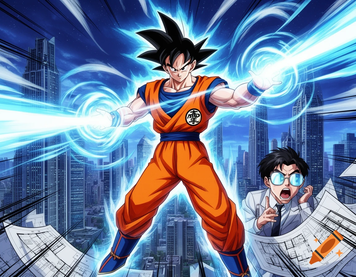 Goku powers up a blue Kamehameha in a city, startling an architect with flying blueprints.