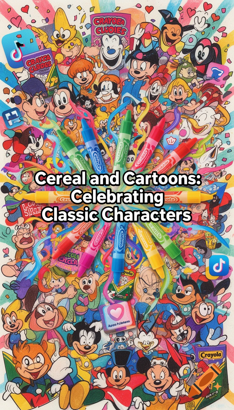 A colorful collage of classic cartoon characters like Mickey Mouse and Donald Duck, with crayons and app logos, featuring the text "Cereal and Cartoons: Celebrating Classic Characters".