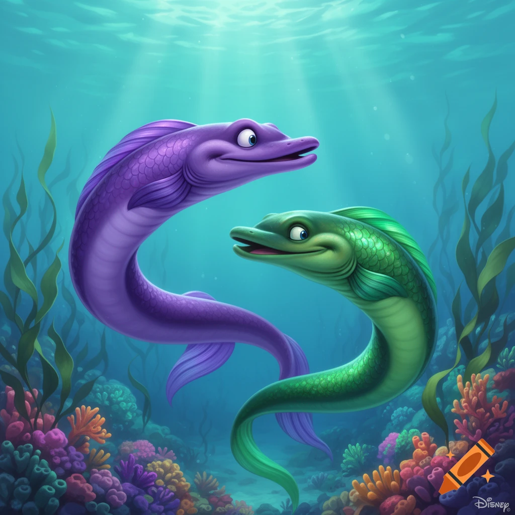 Two cartoon eels, one purple and one green, swim in a vibrant underwater scene with coral and seaweed.